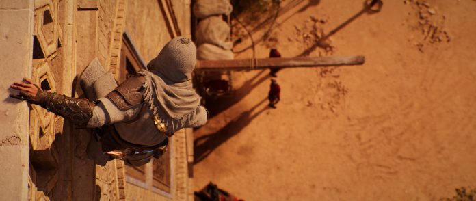 Assassins Creed Mirage A picture of Basim holding on to a roof's perch.