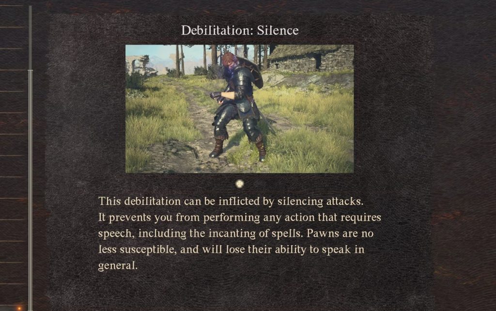 Silence in Dragon's Dogma II is one of the crippling debilitations in Dragon's Dogma II.
