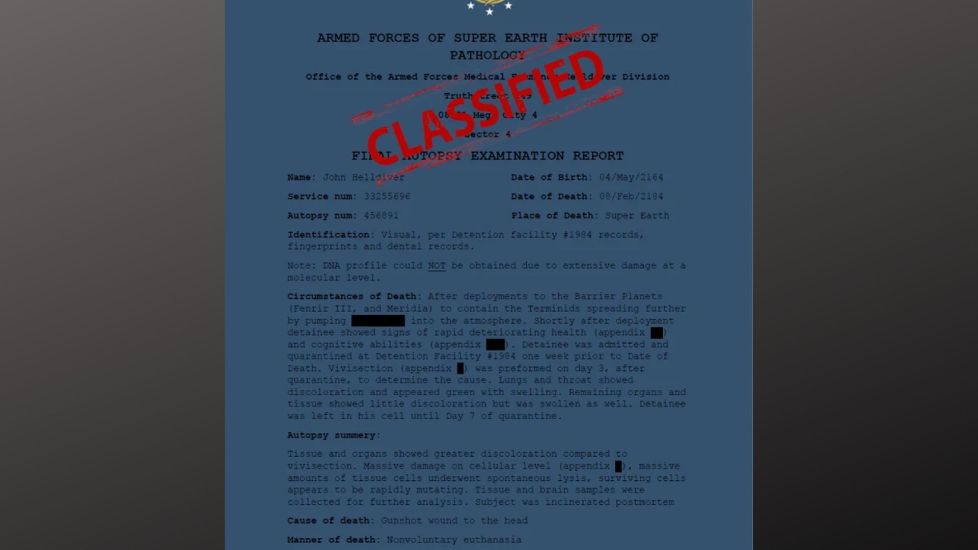 John Helldiver Autopsy Report - Leaked Document - Helldivers Conspiracy Theory